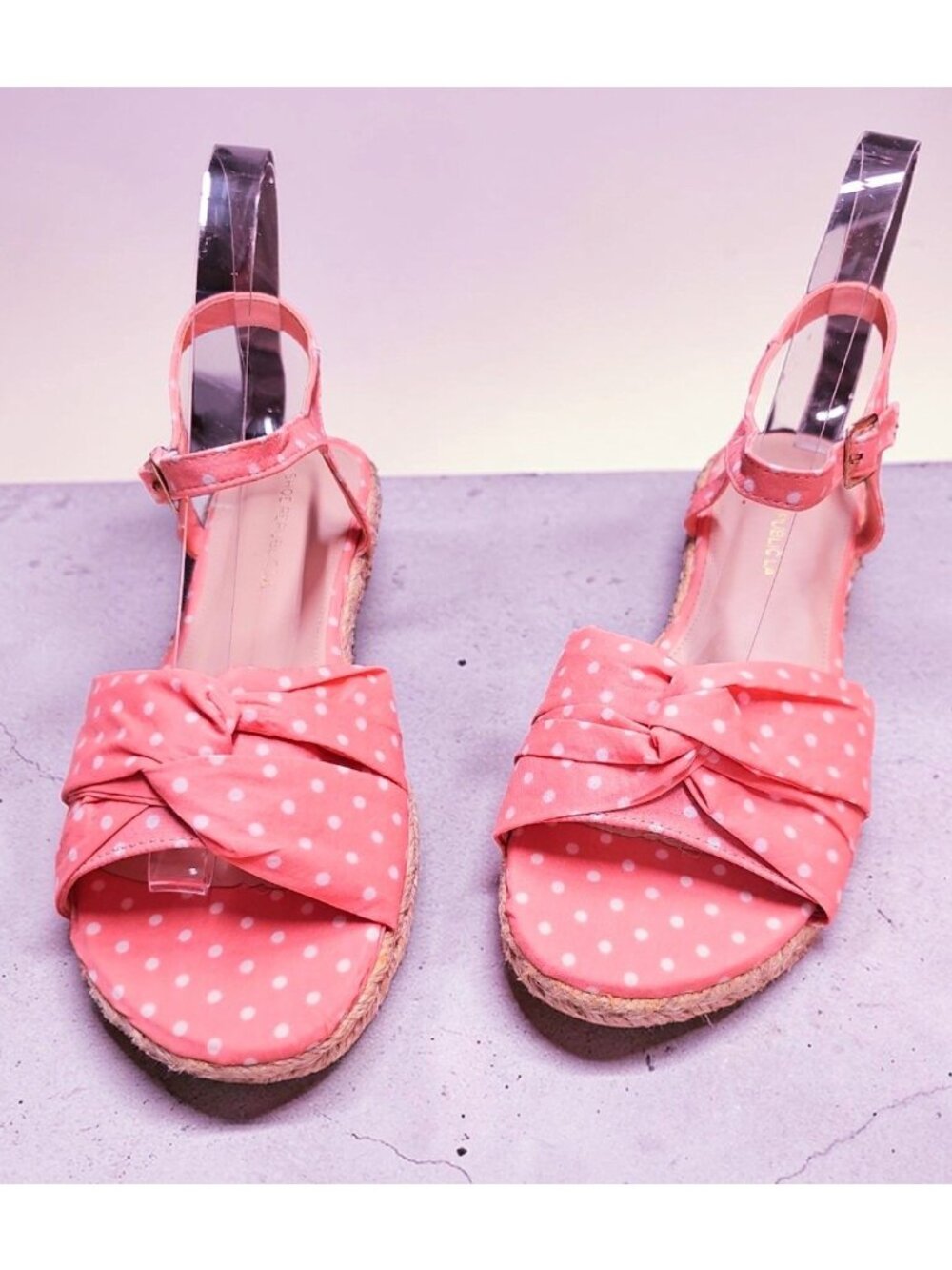 Polka Dot Blush Espadrille Sandals With Bow & Adjustable Ankle Strap - Casual Su